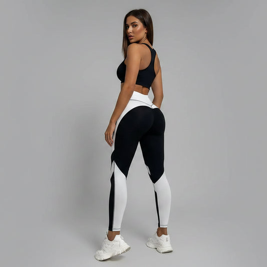 High Waisted Color Block Butt Lifting Leggings Rear View in Black and White-AresFit