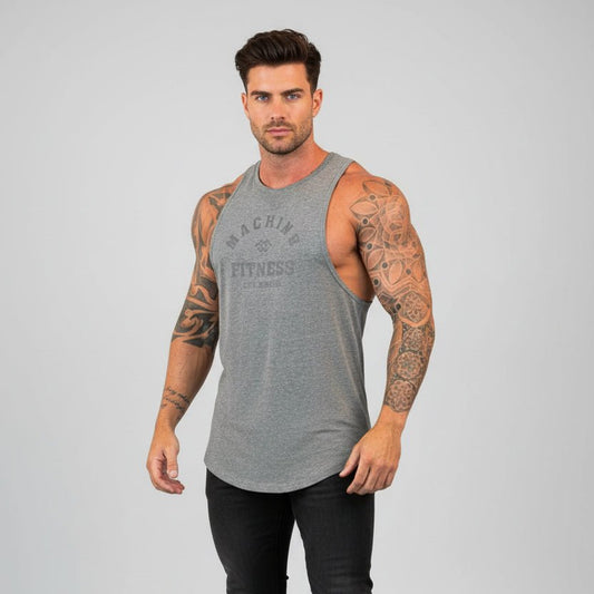 Man wearing a gray tank top with text and black pants on a light gray background