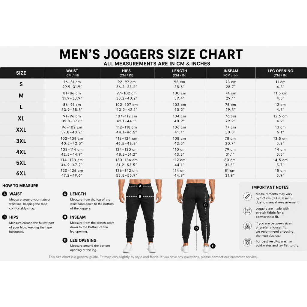 Men's gym jogger pants size chart