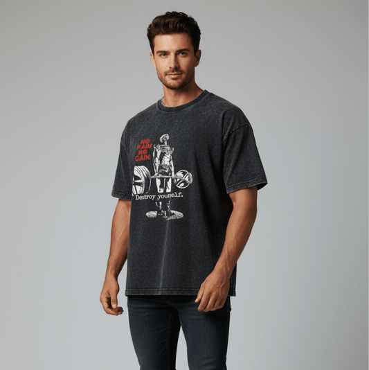 Men’s oversized acid wash gym t-shirt with no pain no gain barbell graphic print and vintage bodybuilding streetwear style - AresFit