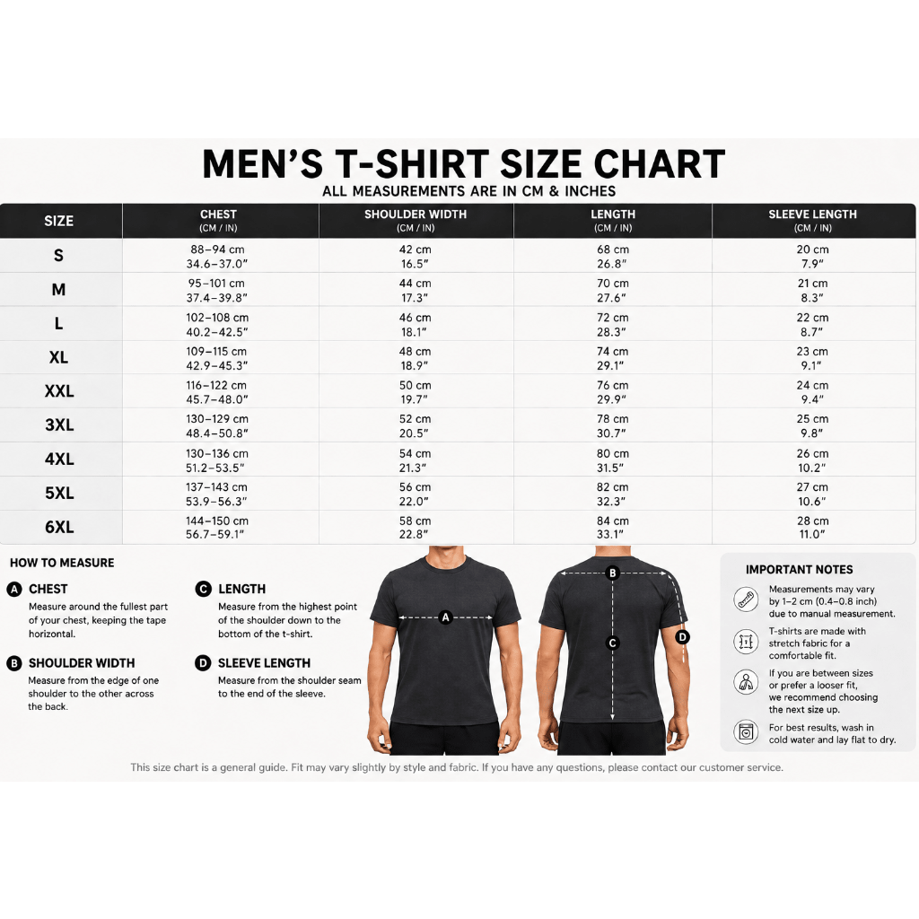 Men's t-shirt size chart showing chest, shoulder width, length and sleeve measurements from S to 6XL - AresFit