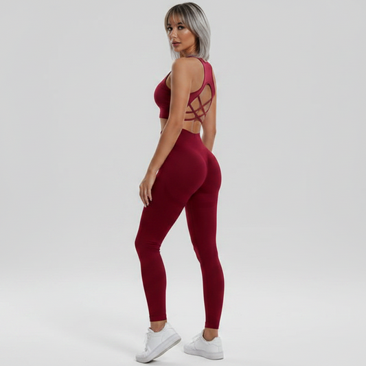 Women’s burgundy activewear gym set with open back sports bra - AresFit