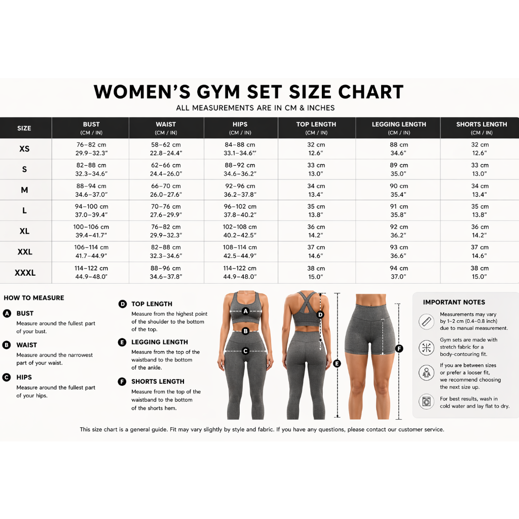 Women’s gym set size chart with bust, waist and hips measurements - AresFit