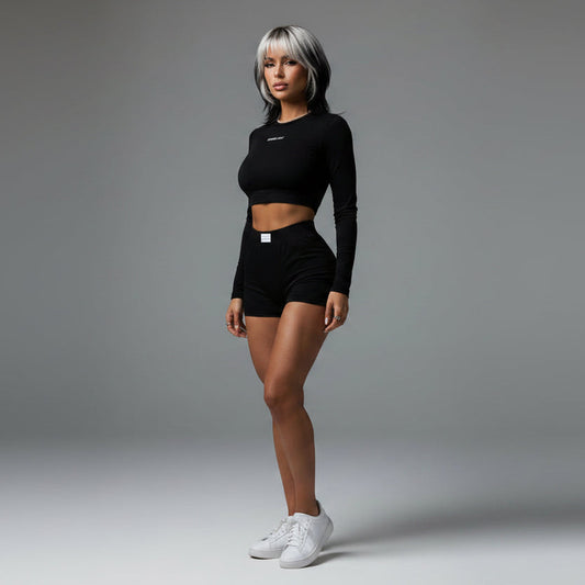 Women’s black long sleeve activewear set with fitted gym shorts - AresFit