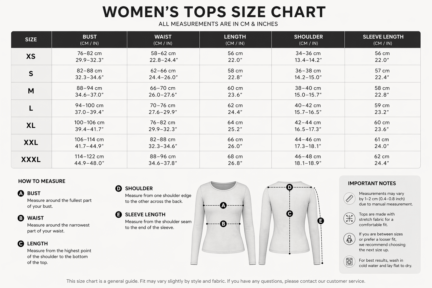 Women's one shoulder crop top size chart with bust waist shoulder and sleeve measurements - AresFit