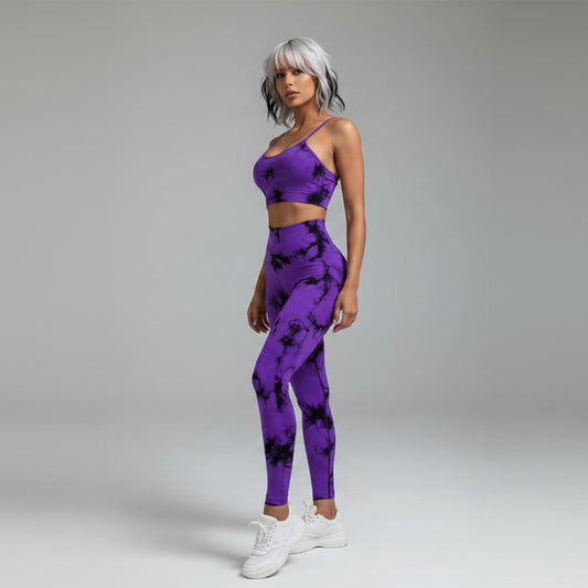 Women's purple tie dye sports bra and leggings gym set - AresFit