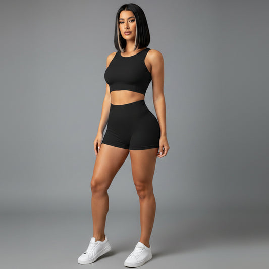 Women’s black seamless workout set with fitted activewear shorts - AresFit