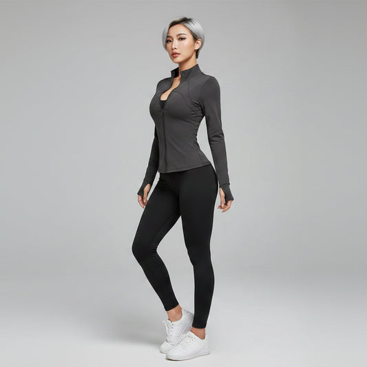 Women’s dark grey running jacket with breathable stretch activewear fit - AresFit