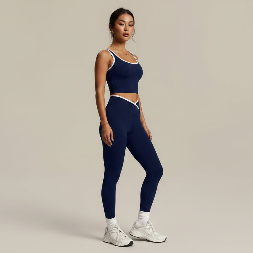 2 Piece Yoga Set Women Crossover V Waist Leggings Contrast Trim Sports Bra Gym Workout Matching Set Fitness Activewear Suit - AresFit