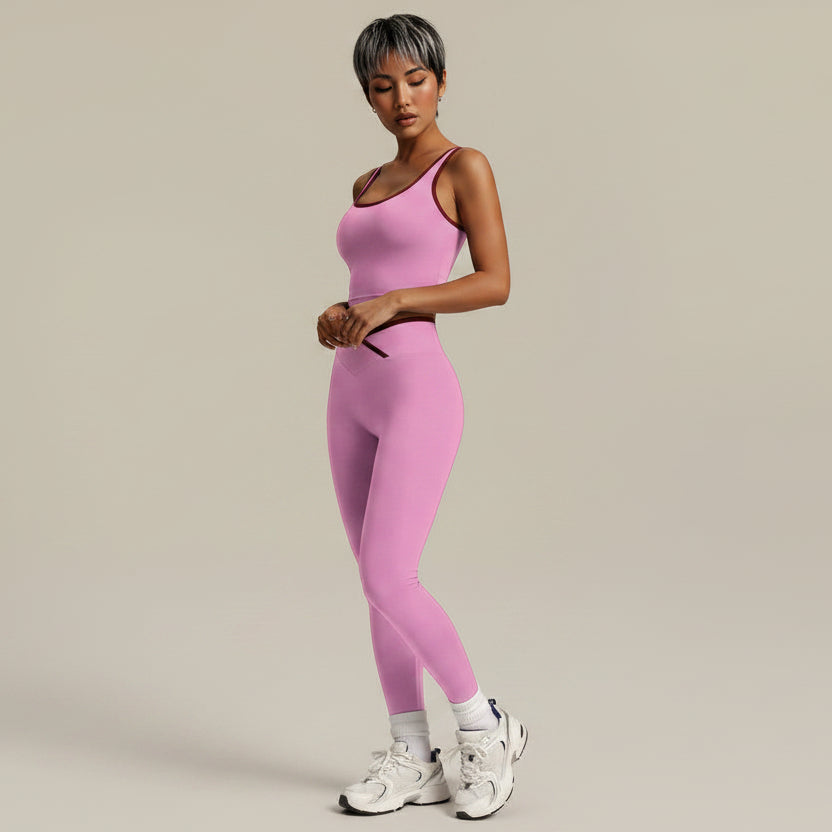 2 Piece Yoga Set Women Crossover V Waist Leggings Contrast Trim Sports Bra Gym Workout Matching Set Fitness Activewear Suit - AresFit