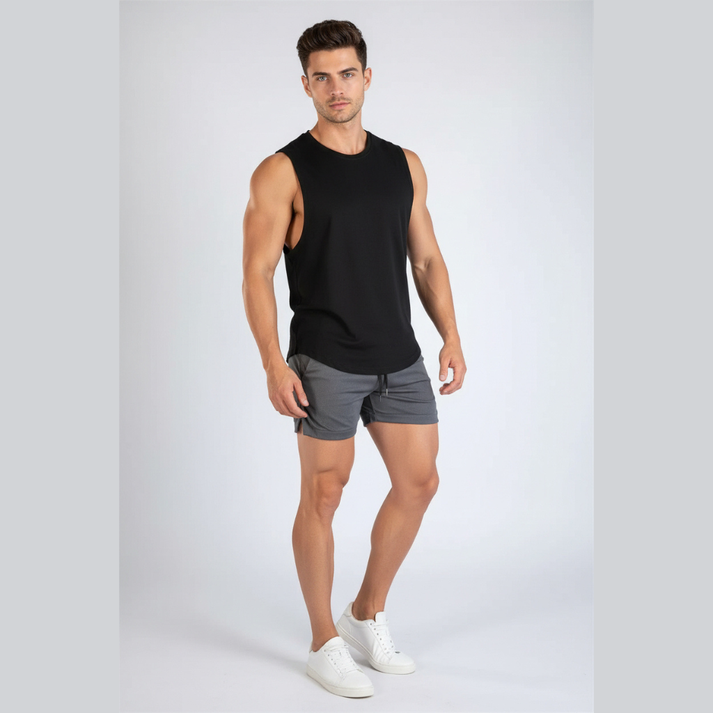 Man wearing a black sleeveless shirt and gray shorts on a white background