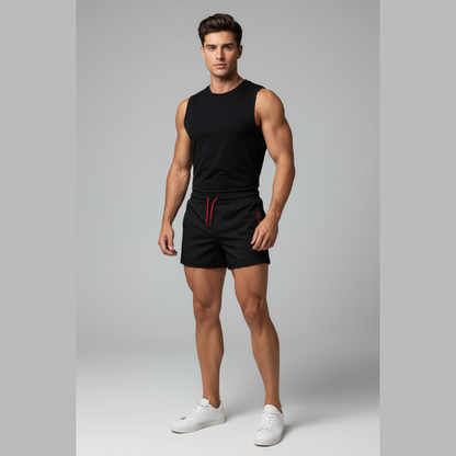 Man wearing a black sleeveless shirt and shorts with red drawstrings on a gray background