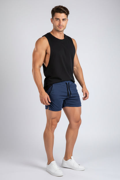 Navy blue shorts with a drawstring on a white background