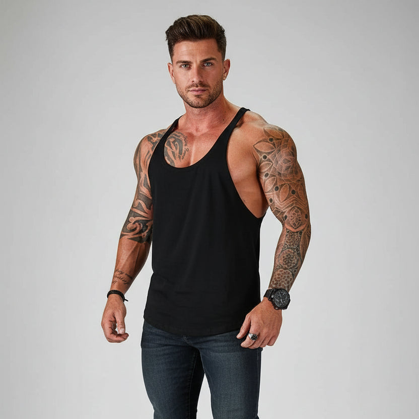 Man wearing black AresFit Warrior stringer tank top - AresFit