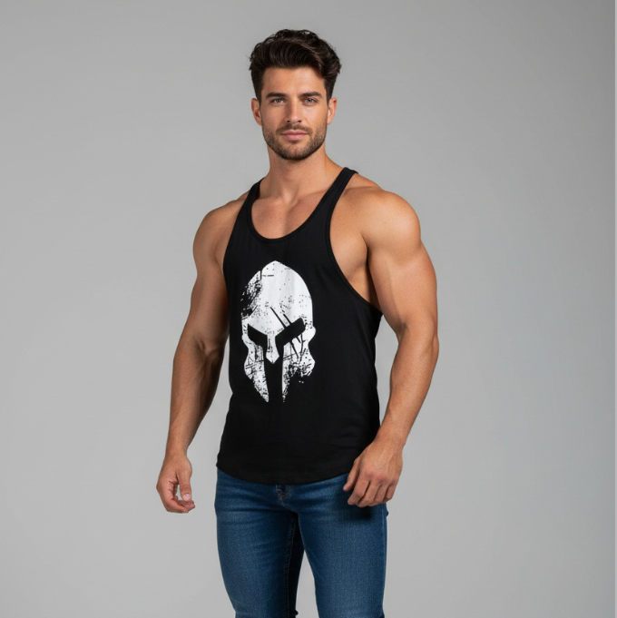 Man wearing AresFit Warrior stringer tank top black white warrior - AresFit
