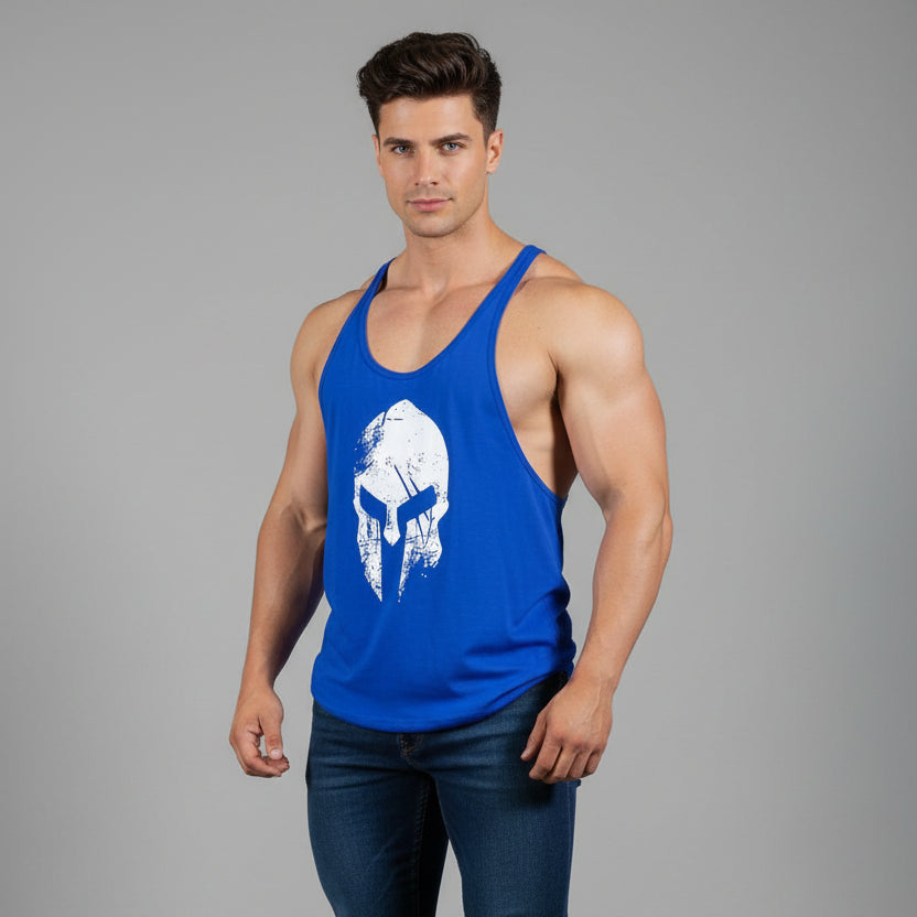 Man wearing AresFit Warrior stringer tank top blue white warrior - AresFit