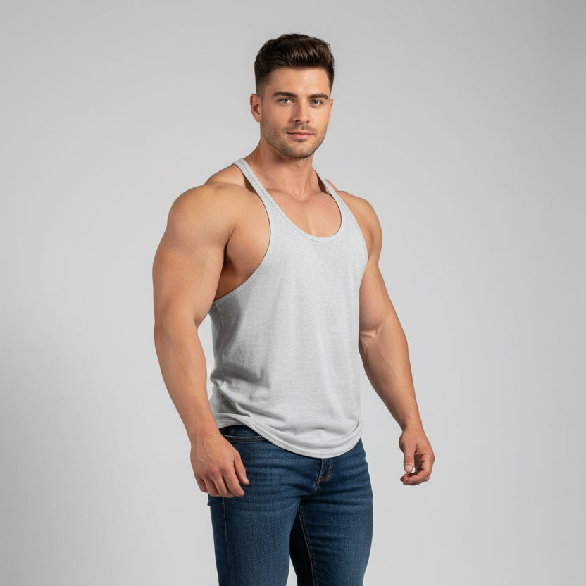 Man wearing grey AresFit Warrior stringer tank top - AresFit