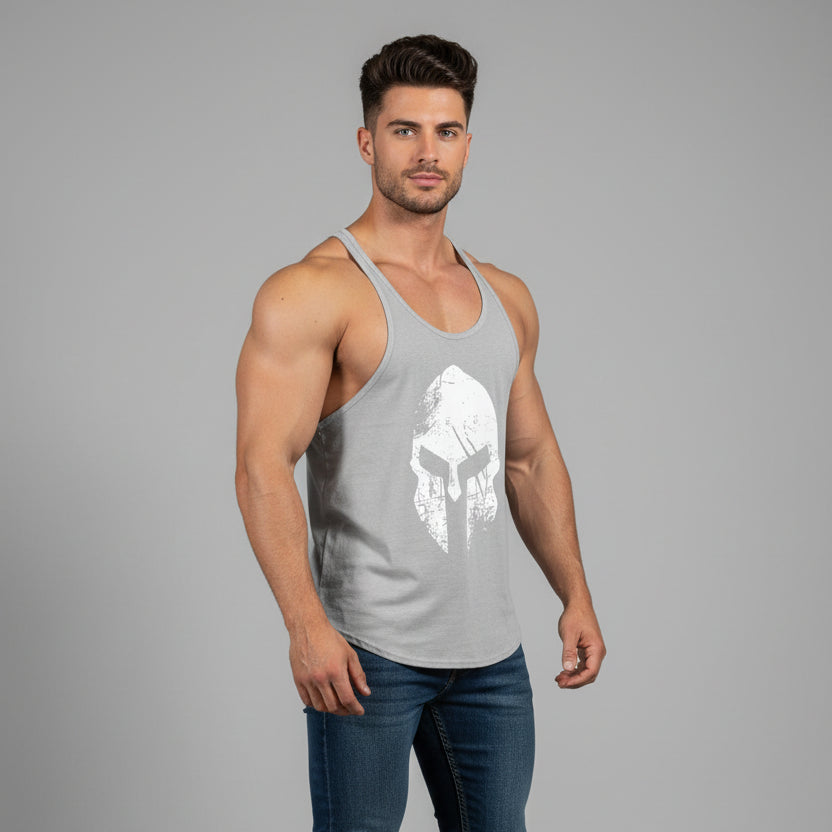 Man wearing AresFit Warrior stringer tank top grey white warrior - AresFit