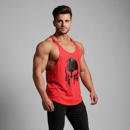 Man wearing AresFit Warrior stringer tank top red black warrior - AresFit
