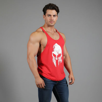 Man wearing AresFit Warrior stringer tank top red white warrior - AresFit