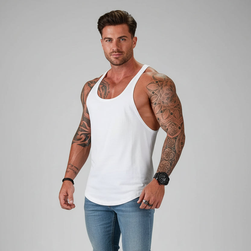 Man wearing white AresFit Warrior stringer tank top - AresFit