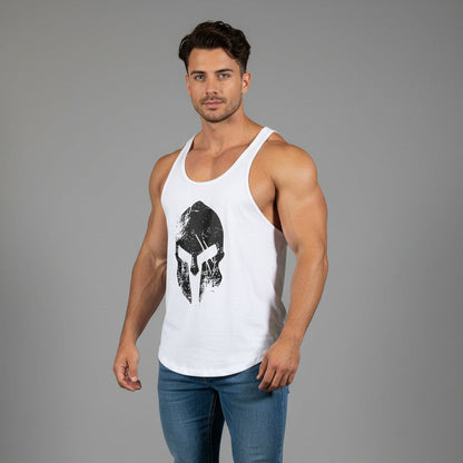 Man wearing AresFit Warrior stringer tank top white black warrior - AresFit