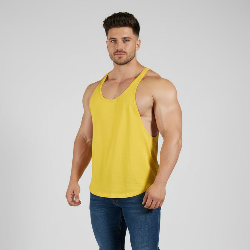 Man wearing yellow AresFit Warrior stringer tank top - AresFit