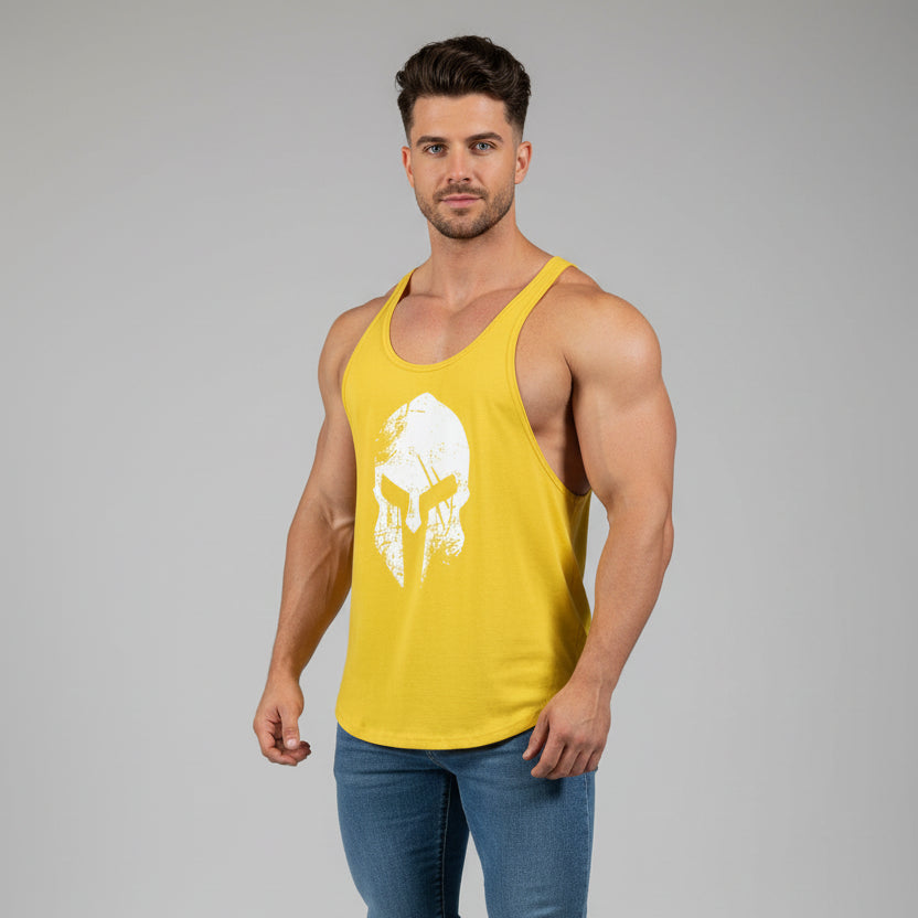 Man wearing AresFit Warrior stringer tank top yellow white warrior - AresFit