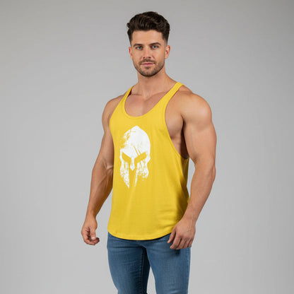 Man wearing AresFit Warrior stringer tank top yellow white warrior - AresFit