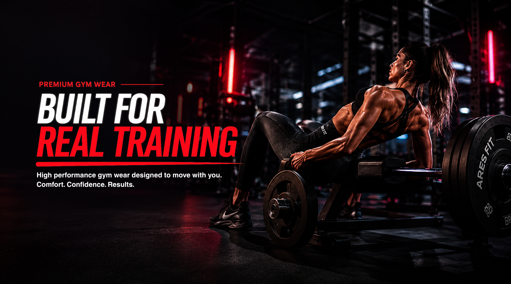 Premium gym wear banner featuring a woman performing a hip thrust in a gym with the text Built For Real Training - Aresfit