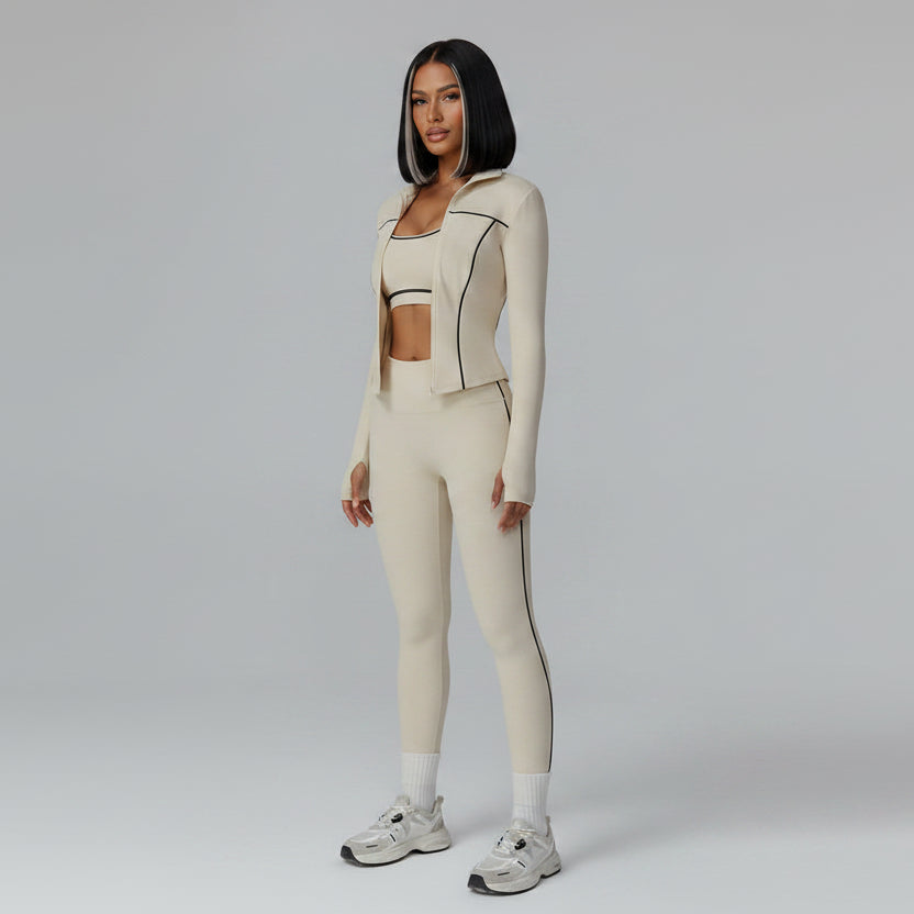 Person wearing a beige athletic outfit on a white background - Aresfit
