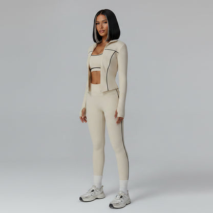 Person wearing a beige athletic outfit on a white background - Aresfit