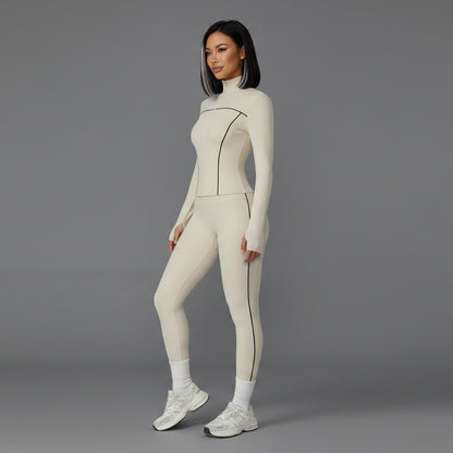 Person wearing a beige full-body suit on a white background - Aresfit