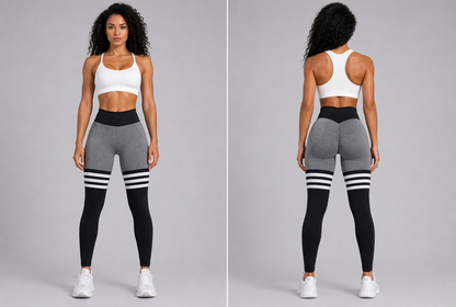 Woman wearing gray leggings with black and white stripes and a white sports bra, shown from front and back on a gray background-Aresfit