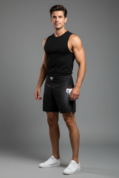 Black athletic shorts with a logo on a white background