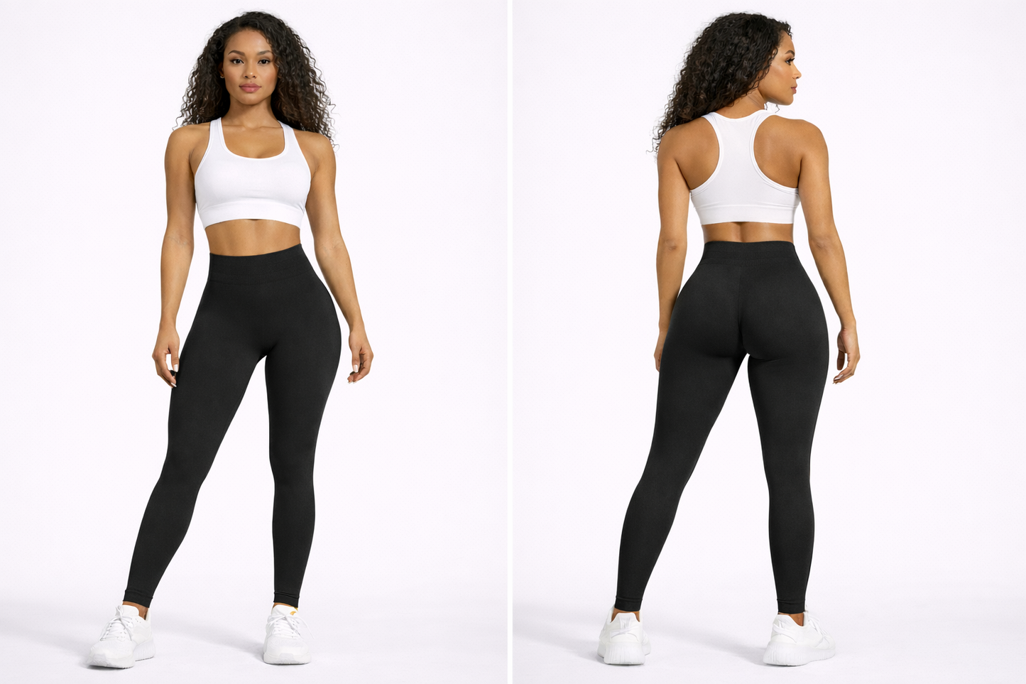 Woman wearing black leggings and a white sports bra on a white background - Aresfit