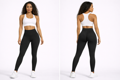 Woman wearing black leggings and a white sports bra on a white background - Aresfit