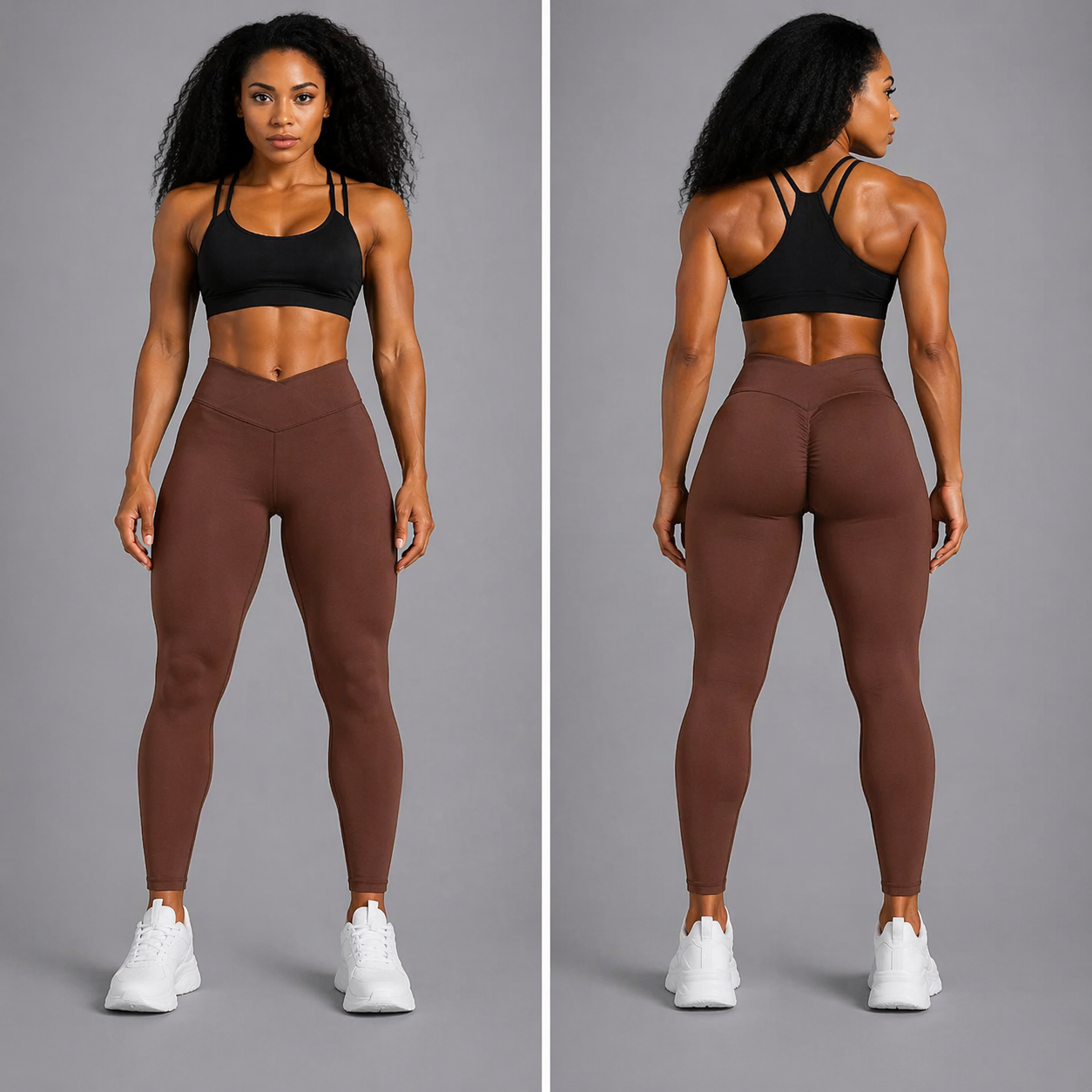 Woman wearing black sports bra and brown leggings on a gray background - Aresfit