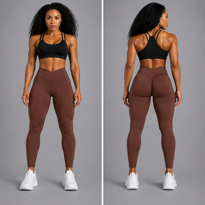 Woman wearing black sports bra and brown leggings on a gray background - Aresfit