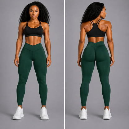 Woman wearing black sports bra and green leggings on a gray background - Aresfit