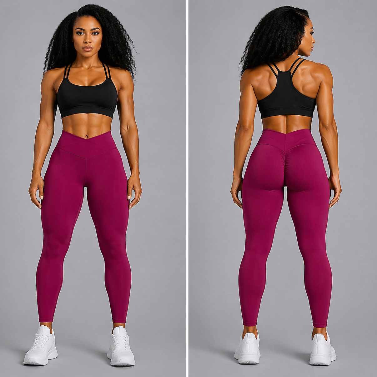 Woman wearing black sports bra and magenta leggings, shown from front and back on a gray background - Aresfit