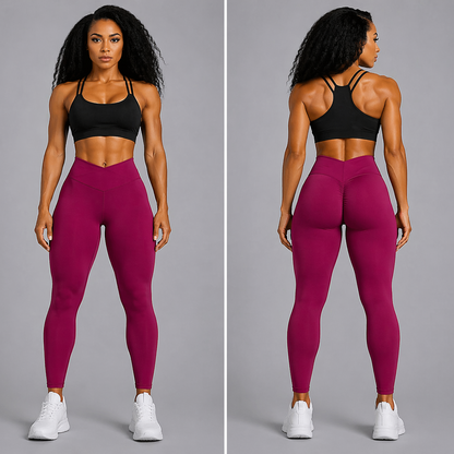 Woman wearing black sports bra and magenta leggings, shown from front and back on a gray background - Aresfit