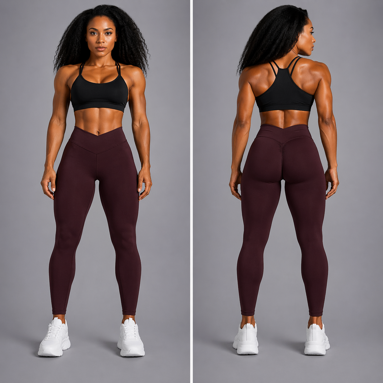 Woman wearing black sports bra and maroon leggings on a gray background - Aresfit