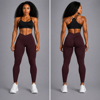 Woman wearing black sports bra and maroon leggings on a gray background - Aresfit