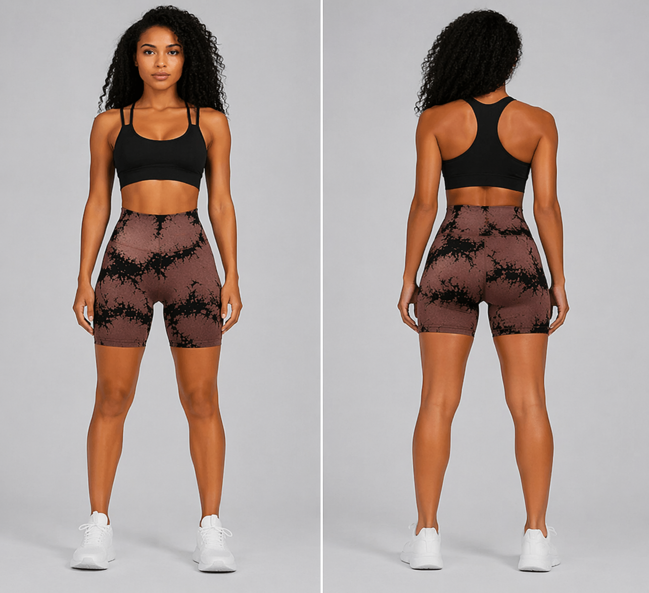 Woman wearing a black sports bra and patterned shorts on a gray background - Aresfit