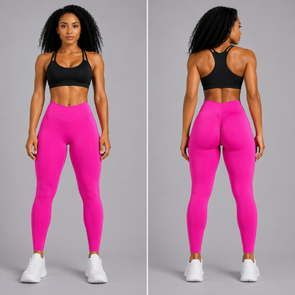 Woman wearing black sports bra and pink leggings on a gray background - Aresfit
