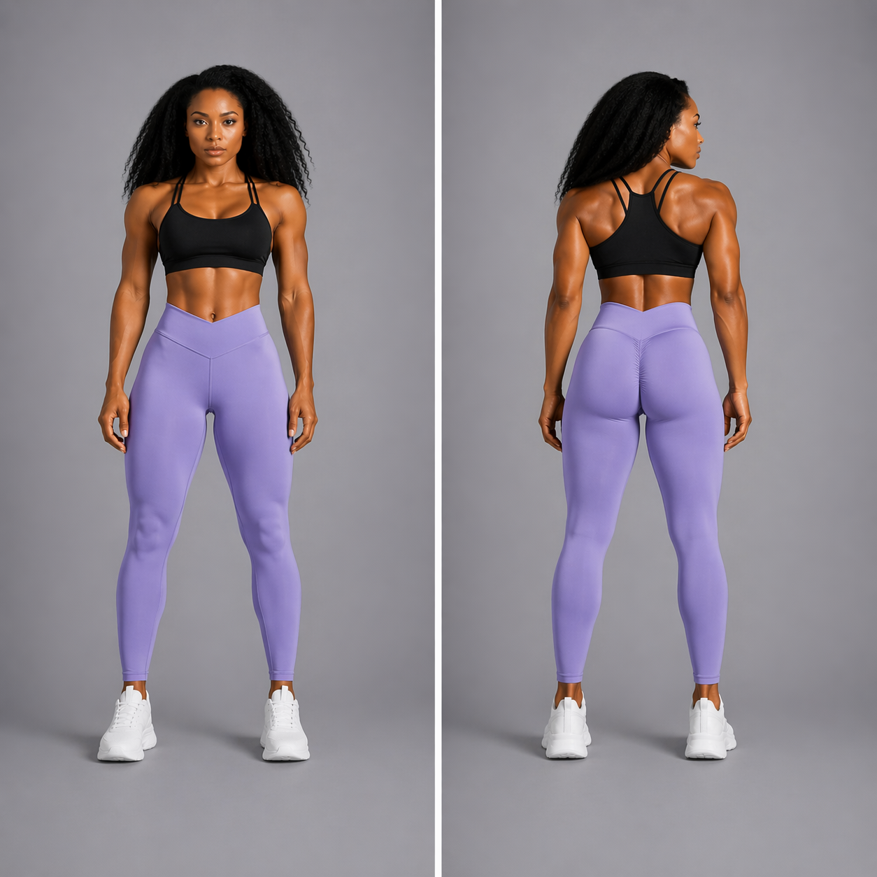 Woman wearing black sports bra and purple leggings on a gray background - Aresfit