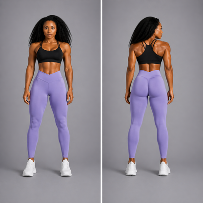 Woman wearing black sports bra and purple leggings on a gray background - Aresfit