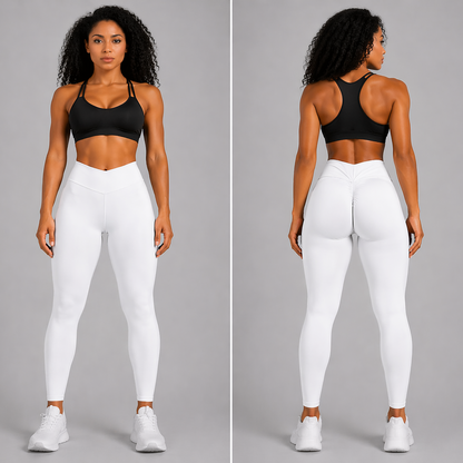 Woman wearing a black sports bra and white leggings, shown from front and back on a gray background - Aresfit