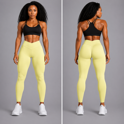 Woman wearing black sports bra and yellow leggings, shown from front and back on a gray background - Aresfit